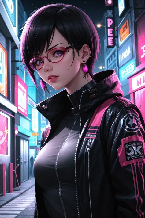 1girl, solo, looking at viewer, short hair, jewelry, jacket, upper body, earrings, outdoors, glasses, lips, looking to the side, science fiction, high collar, round eyewear, cyborg, cyberpunk, graffiti, alley, neon lights, single mechanical arm, (cyberpunk:1.22),<lora:cyberpunk-v1-nai-8ep-resize:0.65>