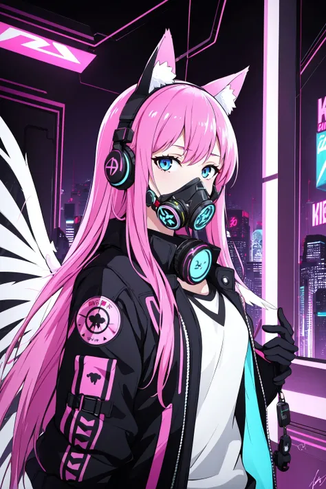 1girl, solo, long hair, looking at viewer, blue eyes, long sleeves, animal ears, jacket, upper body, pink hair, wings, signature, mask, fake animal ears, headphones, feathered wings, skull, skeleton, gas mask, animal ear headphones, respirator, neon lights, (cyberpunk:1.22),<lora:cyberpunk-v1-nai-8ep-resize:0.6>