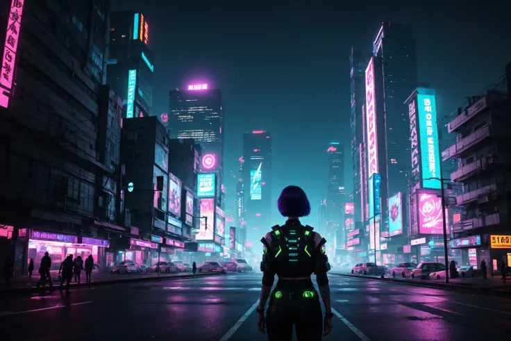 1girl, solo, short hair, outdoors, sky, from behind, night, building, night sky, scenery, science fiction, city, silhouette, facing away, cityscape, skyscraper, city lights, cyberpunk, neon lights, hologram,(cinematic lighting),epic,science fiction, (cyberpunk:1.22),<lora:cyberpunk-v1-nai-8ep-resize:0.75>