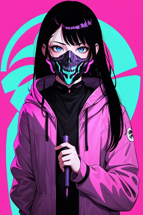 1girl, solo, long hair, looking at viewer, blue eyes, black hair, long sleeves, holding, upper body, hood, mask, pink background, skull, mouth mask, halftone, holding skull, neon lights,science fiction, (cyberpunk:1.22),<lora:cyberpunk-v1-nai-8ep-resize:0.7>