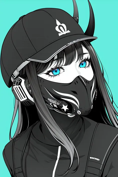 1girl, solo, long hair, blue eyes, hat, jacket, horns, teeth, black headwear, mask, headphones, portrait, baseball cap, green background, multicolored eyes, mouth mask, fake horns, limited palette, aqua background, flat color, horned headwear, cyberpunk,science fiction, (cyberpunk:1.22),<lora:cyberpunk-v1-nai-8ep-resize:0.7>