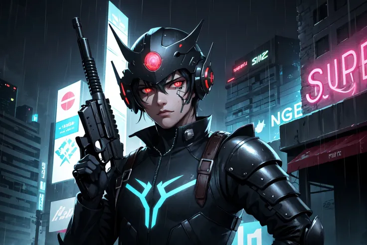 cyberpunk,gun, solo, rain, 1boy, male focus, armor, holding weapon, holding, handgun, holding gun, upper body, red eyes, glowing, helmet, looking at viewer,neon lights, glowing eyes,science fiction,(cyberpunk:1.2), <lora:cyberpunk-v1.5-nai-9ep-resize:0.65>