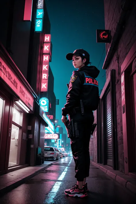 car, motor vehicle, 1girl, ground vehicle, gun, black hair, holding weapon, science fiction, holding gun, night, city, holding, hat, can, building, gloves, hood, looking back, cyberpunk, submachine gun, pants, short hair, sneakers, looking at viewer, outdoors, robot, jacket, standing, police, solo, shoes, sky, road, hood down, sign, black pants, black headwear, neon lights,(cyberpunk:1.16), <lora:cyberpunk-v1.5-nai-9ep-resize:0.75>