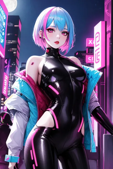 1girl, lucy \(cyberpunk\), solo, moon, red eyeliner, looking at viewer, bodysuit, short hair, jacket, hip vent, off-shoulder jacket, medium breasts, red lips, cyborg, leotard, bare shoulders, cyberpunk, multicolored eyes, armpits, open jacket, makeup, neon lights,(cyberpunk:1.2), <lora:cyberpunk-v1.5-nai-9ep-resize:0.7>