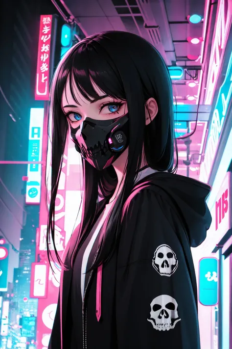1girl, solo, mask, looking at viewer, long hair, skull, upper body, black hair, mouth mask, holding, blue eyes, long sleeves, hood, pink background, holding skull, halftone, cable,neon lights,(cyberpunk:1.2), <lora:cyberpunk-v1.5-nai-9ep-resize:0.7>