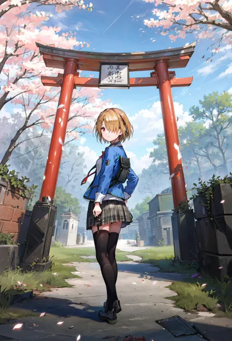 red eyes, blue jacket, blonde hair, hair over one eye, plaid skirt, ((masterpiece,best quality)),1girls, black legwear, cherry blossoms, day, flower, looking at viewer, looking back, outdoors, stairs, standing, statue, torii, tree, <lora:ruka:0.8>