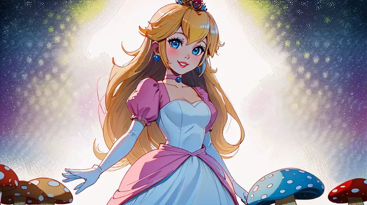 highres,masterpiece,perfect ligthing,bloom,cinematic lighting,adult,perfect skin,female,cowboy shot,smile,narrow waist,skinny,<lora:PrincessPeachMovie:0.6>,(PrincessPeach),(Princess Peach),choker,detailled eyes,blue eyes,choker,sensual,mushrooms,mushroom kingdom,pink lips,((glossy lips)),pursed lips,pink pumps,glossy skin,oily skin,beautiful light,(day:1.3),bright,looking at viewer, <lora:BD_manga_style_v1:1>