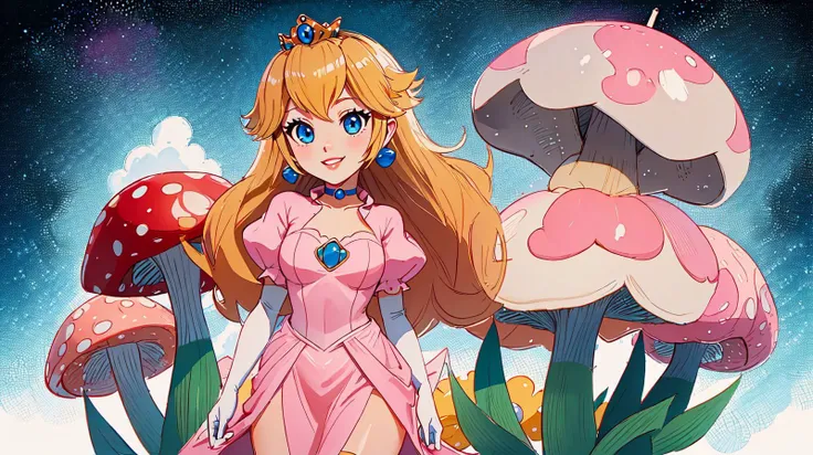 highres,masterpiece,perfect ligthing,bloom,cinematic lighting,adult,perfect skin,female,cowboy shot,smile,narrow waist,skinny,<lora:PrincessPeachMovie:0.6>,(PrincessPeach),(Princess Peach),choker,detailled eyes,blue eyes,choker,sensual,mushrooms,mushroom kingdom,pink lips,((glossy lips)),pursed lips,pink pumps,glossy skin,oily skin,beautiful light,(day:1.3),bright,looking at viewer, <lora:BD_manga_style_v1:1>