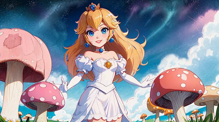 highres,masterpiece,perfect ligthing,bloom,cinematic lighting,adult,perfect skin,female,cowboy shot,smile,narrow waist,skinny,<lora:PrincessPeachMovie:0.6>,(PrincessPeach),(Princess Peach),choker,detailled eyes,blue eyes,choker,sensual,mushrooms,mushroom kingdom,pink lips,((glossy lips)),pursed lips,pink pumps,glossy skin,oily skin,beautiful light,(day:1.3),bright,looking at viewer, <lora:BD_manga_style_v1:1>