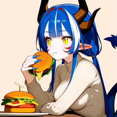 1girl,
solo,dragon girl,medium breasts,horns,tail,holding food,looking away,eating,hand up,food,brown background,slit pupils,looking to the side,blue hair,dragon tail,simple background,:t,breasts,beige sweater,dragon horns,straight hair,yellow eyes,ribbed sleeves,from side,food bite,burger,twintails,two-tone hair,holding,fingernails,long hair,upper body,red hair,hand rest,long sleeves,ribbed sweater,sweater,sesame seeds,facial mark,long fingernails,multicolored hair,
masterpiece,newest,absurdres,safe,
<lora:hxtest1:1>,hxtstyle5,<lora:Fixhands_anime_bdsqlsz_V1:1>,