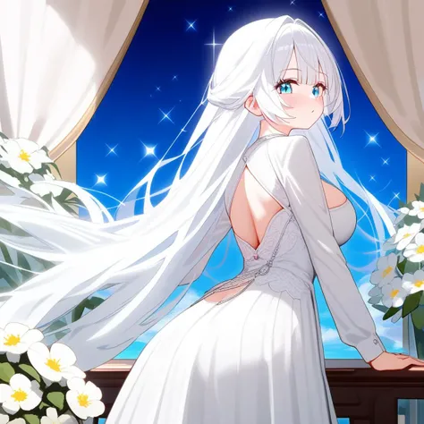 1girl,
solo, best quality, detailed, from behind, looking back, holding, blush, blue eyes, very long hair, white hair, silver hair, bangs, breasts, white dress, long sleeves, flower, sparkle
masterpiece,newest,absurdres,
<lora:hxtest1:1>,hxtstyle5,<lora:Fixhands_anime_bdsqlsz_V1:1>,