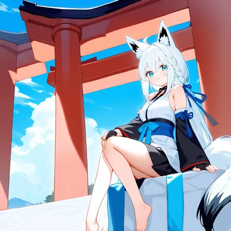 1girl,
fox girl, shirakami fubuki, virtual youtuber, solo, best quality, sitting, looking at viewer, fox tail, animal ear fluff, fox ears, hair between eyes, blue eyes, long hair, white hair, sidelocks, bangs, barefoot, japanese clothes, black skirt, detached sleeves, ribbon, torii, bridal gauntlets, cloud, day, window, blue sky
masterpiece,newest,absurdres,safe,
<lora:CoAi_nai3style_kxl_eps:1>,hxtstyle5,