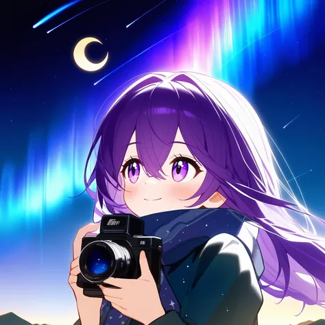 1girl, 
{{artist:kawakami masaki, artist:koh rd}}, solo, detailed, starry background, smile, closed mouth, star, (sky:1.1), night sky, constellation, shooting star, starry sky print, earth, (planet:1.1), galaxy, milky way, aurora, crescent moon, light particles, full moon, space, hxtstyle5, outdoors, solo, night, signature, purple hair, moon, holding, holding camera, camera, purple eyes, long hair, upper body, looking away, hair between eyes, blush, looking up, star \(sky\), star \(symbol\), 
masterpiece, newest, absurdres
 <lora:Fixhands_anime_bdsqlsz_V1:0.8> <lora:hxtest1:1>