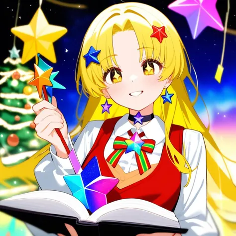 1girl,
solo,best quality,detailed,blurry background,starry background,upper body,looking at object,holding,smile,tanabata,tanzaku,yellow eyes,star-shaped pupils,blonde hair,long hair,star hair ornament,parted bangs,white shirt,vest,star hat ornament,frills,puffy long sleeves,bowtie,star earrings,star necklace,star (symbol),open book,blurry foreground,depth of field,star (sky),saint quartz (fate),star pasties,star print,space,motion blur,photo (medium),starfish,aurora,christmas tree,starry sky print,concert,shooting star,american flag,film grain,focused,night sky,galaxy,sparkle,star choker,rainbow,planet,
masterpiece,newest,absurdres,
<lora:hxtest1:1>,hxtstyle5,<lora:Fixhands_anime_bdsqlsz_V1:1>,