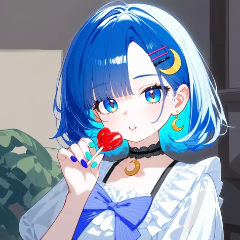 1girl,
solo, best quality, upper body, looking at viewer, holding candy, parted lips, blue eyes, blue hair, medium hair, hairclip, parted bangs, frills, ribbon, blue nails, nail polish, aqua nails, nail art, purple nails, fingernails, multicolored nails, black nails, crescent earrings, choker, lollipop, heart, butterfly
masterpiece,newest,absurdres,safe,
<lora:CoAi_nai3style_kxl_eps:1>,hxtstyle5,