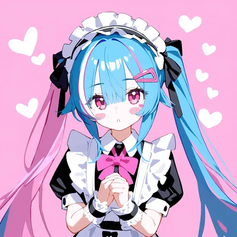 1girl,
maid headdress, solo, best quality, upper body, looking at viewer, blush stickers, pink eyes, hair between eyes, eyebrows visible through hair, pink hair, blue hair, streaked hair, long hair, twintails, hairclip, bangs, puffy short sleeves, pink bowtie, heart, wrist cuffs, black bow, enmaided, facial mark
masterpiece,newest,absurdres,safe,
<lora:CoAi_nai3style_kxl_eps:1>,hxtstyle5,