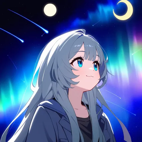 1girl, 
{{artist:kawakami masaki, artist:koh rd}}, solo, detailed, starry background, smile, closed mouth, star, (sky:1.1), night sky, constellation, shooting star, starry sky print, earth, (planet:1.1), galaxy, milky way, aurora, crescent moon, light particles, full moon, space, hxtstyle5, parody, night, star \(sky\), looking to the side, style parody, star \(symbol\), moon, :3, upper body, long hair, looking up, blue eyes, 
masterpiece, newest, absurdres
 <lora:Fixhands_anime_bdsqlsz_V1:0.8> <lora:hxtest1:1>