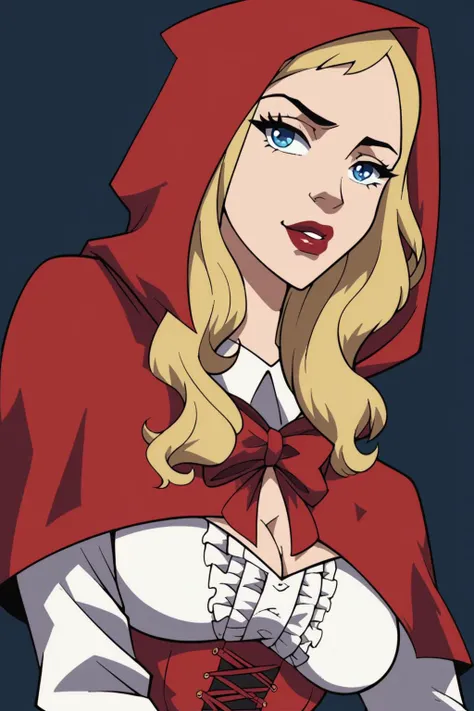 score_9, score_8_up, score_7_up little_red_riding_hood little_red_riding_hood_(grimm) 1girl blonde_hair blue_eyes corset cosplay cowboy_shot hair_down little_red_riding_hood_(grimm)_(cosplay) long_hair official_alternate_costume official_alternate_hairstyle red_hood red_skirt shirt skirt solo white_shirt lips makeup
 <lora:Boondocks Pony:1>