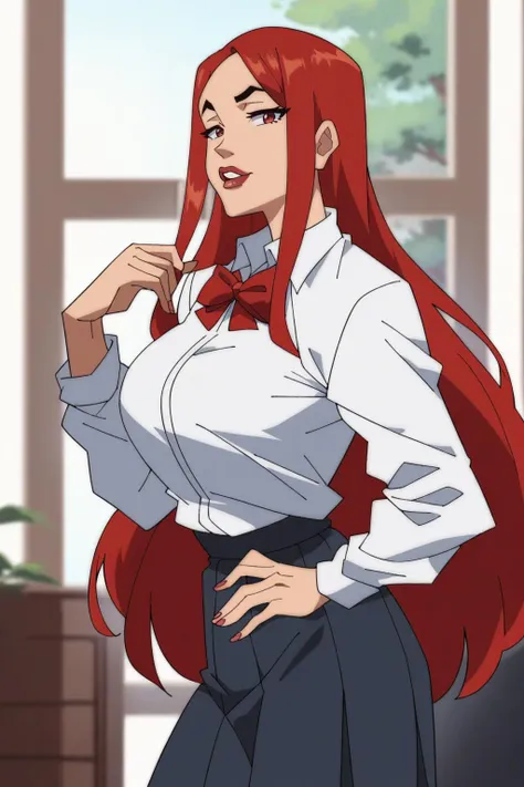 score_9, score_8_up, score_7_up 1girl black_skirt bow bowtie collared_shirt gekkoukan_high_school_uniform hand_on_own_hip light_blue_background long_hair long_sleeves looking_at_viewer parted_lips red_bow red_bowtie red_eyes red_hair school_uniform shirt skirt solo upper_body very_long_hair white_shirt <lora:Boondocks Pony:1>