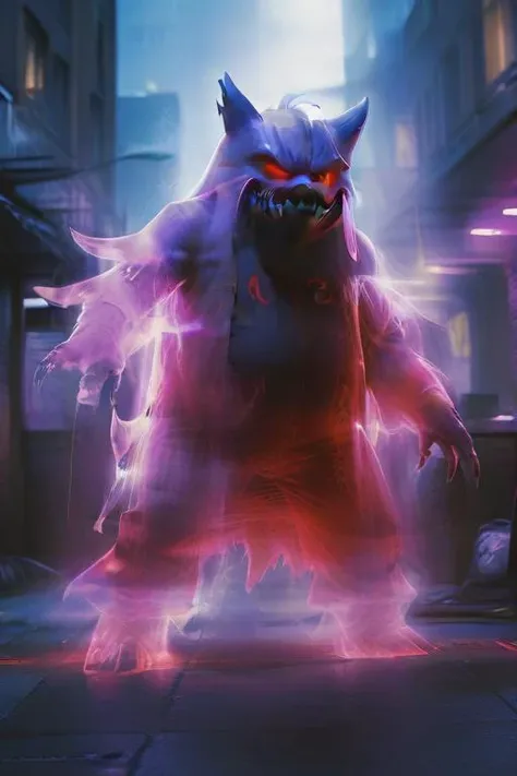 (((Gengar))), Cyberpunk 2077, cyberspace, computer virus, ((("01000111 01100101 01101110 01100111 01100001 01110010 00001010" text ribbons of red binary code)))
<lora:Pokemon Gengar:0.9>, Gengar, purple, fighting pose
<lora:Smoke:0.8>, smoke looks like
<lora:Aether_Ghost_v11_LoRA:1.5>, ghost