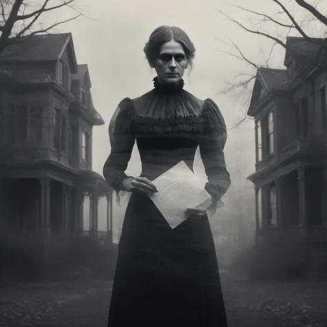 photo transparent (ghost) Victorian woman in black dress, holding a letter, realistic complex character, masterpiece, absurdness, (transparent shape),  horror house, body translucence, highly detailed, 4k, professional, mystic light,bw,monochrome,  <lora:Aether_Ghost_v1.1_LoRA:0.8>