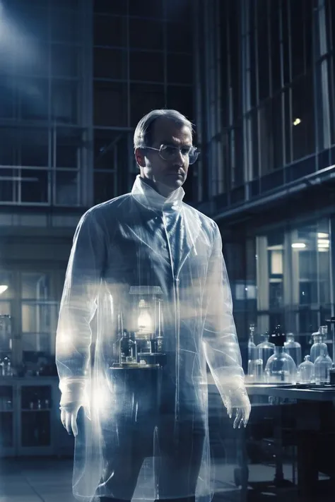 a transparent man at night at the laboratory, <lora:Aether_Ghost_v1.1_LoRA:1>