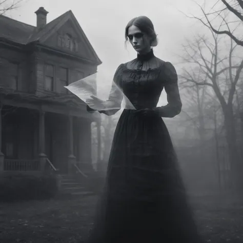 photo transparent (ghost) Victorian woman in black dress, holding a letter, realistic complex character, masterpiece, absurdness, (transparent shape), horror house, body translucence, highly detailed, 4k, professional, mystic light,bw,monochrome, <lora:Aether_Ghost_v1.1_LoRA:0.8>