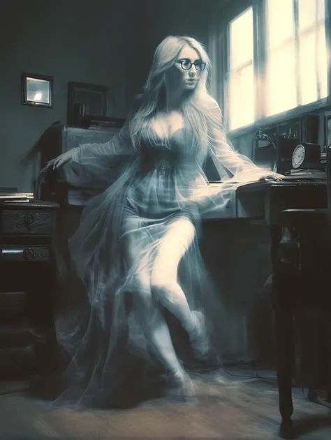 DonMn1ghtm4reXL a lewd ghosts lady with translucent body and long messy hair, wearing glasses and tight skirt with pantyhose, nose blush, half-closed eyes, open mouth, lying on the desk, spreading legs, in a dark room, natural light,Adobe Light front view, solo, sfw <lora:DonMn1ghtm4reXL:1> <lora:Aether_Ghost_v1.1_LoRA:1.2>