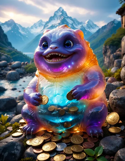 cinematic, vibrant and whimsical, fantastical cute and fat transparent creature sitting and eating coins, body should be transparent, the eaten shiny coins should be in it transparent belly, The creature should have a large open mouth with sharp teeth, round expressive eyes, playful expression, textures in a variety of vivid colors, purple, blue, pink, orange, pile of coins and treasure chests, mountains background, shallow depth of field, vignette, highly detailed, moody, epic, gorgeous, film grain, grainy, <lora:MJ52:0.4>, <lora:SDXLFaeTastic2400:0.5>, <lora:sss:1>, <lora:Aether_Ghost_v1.1_LoRA:0.5>, <lora:add-detail-xl:1>, <lora:xl_more_art-full_v1:0.4>