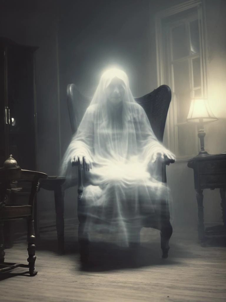 the ghost of an old woman sits in a chair, <lora:Aether_Ghost_v1_LoRA:0.8>