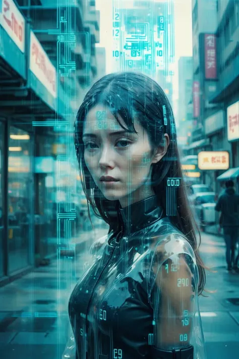 <lora:Aether_Ghost_v1.1_LoRA:0.8>, polaroid photograph, film grain,  (cyberpunk:1.3), neo-noir, astonished, (dissolving:1.3), (disintegrating:1.3), (vanishing:1.3)
A poignant moment as a virtual hologram humanoid [European|Korean] girlfriend bids farewell to the real world, her (cyan:0.8) appearance is (transparent:1.3) (fading:1.3) (digital dissolving:1.3) into (streams of code:1.3). 
The background is (digital numbers:1.3)