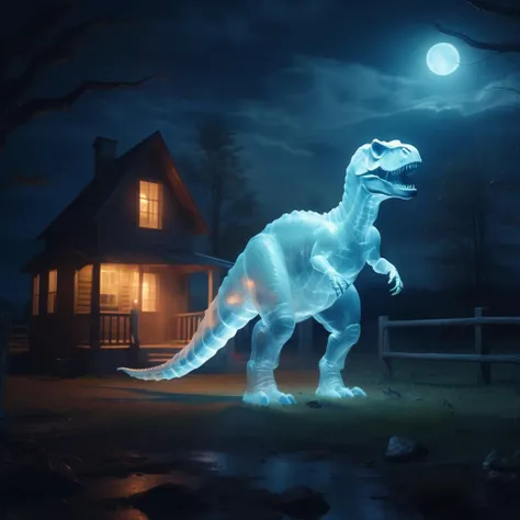 a (translucent ghost dinosaur:1.1) looking at doghouse, farm, at night,
8k, high quality, surreal,
<lora:Aether_Ghost_v1.1_LoRA:0.95>