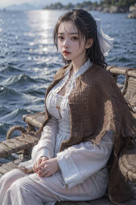 1girl sitting on a fishing boat, wet, big_breasts, breast outline, linen_clothes, <lora:straw_rain_cape_v1a:0.66>, straw_rain_cape,masterpiece, 8k, best quality, photorealistic,