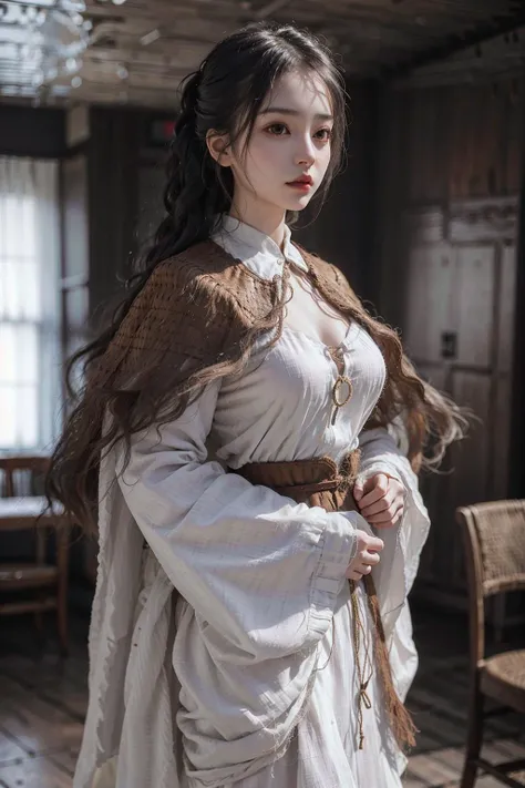 1girl, indoor, big_breasts, breast outline, linen_clothes, <lora:straw_rain_cape_v1a:0.63>, straw_rain_cape,masterpiece, 8k, best quality, photorealistic,