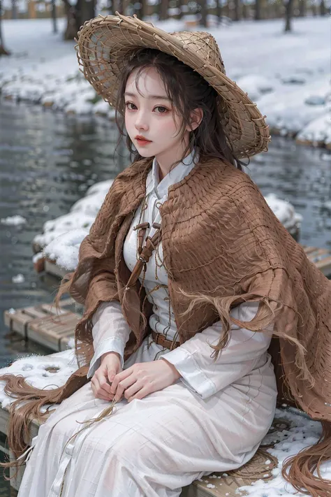 1girl sitting on a fishing boat, fishing, river, snow, big_breasts, breast outline, linen_clothes, <lora:straw_rain_cape_v1a:0.66>, straw_rain_cape,masterpiece, 8k, best quality, photorealistic,