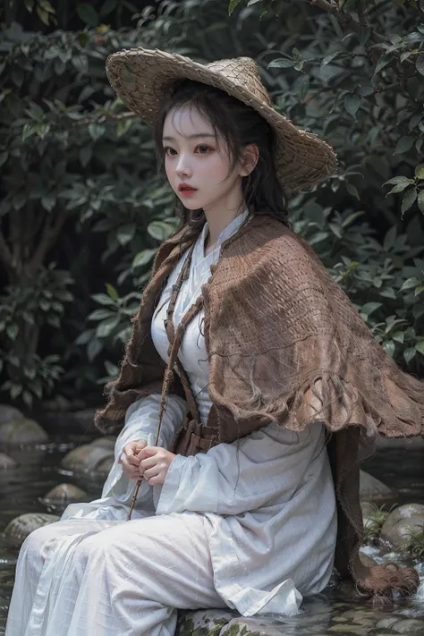 1girl, siting on fishing boat, stream, river, masterpiece, 8k, best quality, photorealistic, big_breasts, breast outline,  <lora:straw_rain_cape_v1a:0.75>, straw_rain_cape