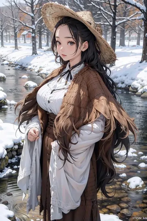 1girl, river, snow, big_breasts, breast outline, linen_clothes,straw_rain_cape,masterpiece, 8k, best quality, <lora:straw_rain_cape_v1a:0.66>