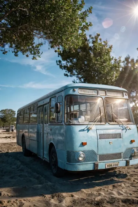 photo RAW,((wide-angle 17mm),gel40bo, (USA,Florida:1.3),luxory premium Light Blue color bus parking on ocean sand beach,blue sky,sunrays,(bokeh:1.3) <lora:gelios40bokeh_v2:0.5> <lora:liaz677:0.75>, dusty atmospheric haze, high quality textures of materials, volumetric textures, coating textures, metal textures, (natural colors, correct white balance, color correction, dehaze,clarity)), masterpiece, award winning photography, natural light, perfect composition, high detail, hyper realistic,lens flare,Timeless Elegance, Classic Tones, Refined Lighting, depth of field,sharp focus, dark theme <lora:lowra_v10:0.06>, in the style of intimacy, dreamscape portraiture, solarization, shiny kitsch pop art, solarization effect, reflections and mirroring, photobash
