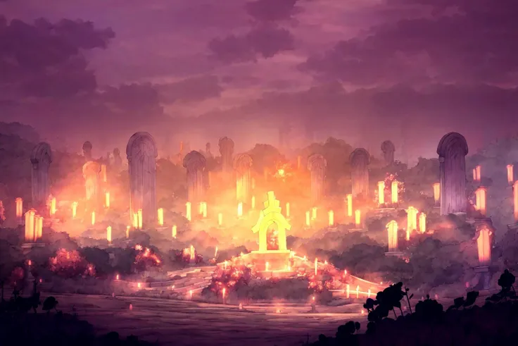 masterpiece, ultra-detailed, best quality, illustration, 8k cg wallpaper, an extremely delicate and beautiful, stunning landscape, graveyard, gravestones, dirt path, lanterns, candles, intricately detailed items in background, <lora:CoL:1>