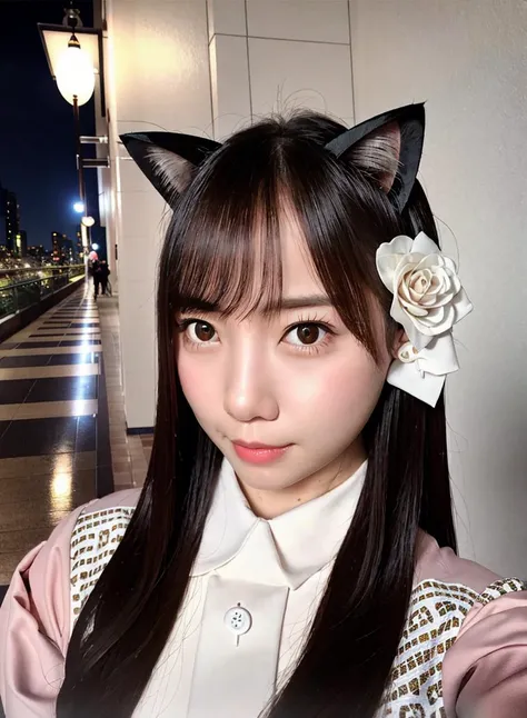 saito_kyoko, <lora:SaitoKyoko_v2:0.9>, (8k, best quality, masterpiece:1.2), (realistic, photo-realistic:1.37), ultra-detailed, 1 girl,cute, solo,beautiful detailed sky,detailed cafe,night,sitting,dating,(nose blush),(smile:1.15),(closed mouth) small breasts,beautiful detailed eyes,(collared shirt:1.1), night, wet,business attire, rain,white lace,cat ears,white skin,cinematic light,night street,street light