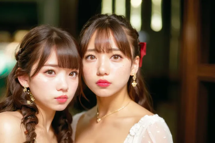 2girls, <lora:koreanDollLikeness_v15:0.3>,masterpiece, (photorealistic:1.4), best quality, beautiful lighting,cinema lights,film grain,jewelry, blurry, necklace, earrings, indoors, bangs, lips, cheek-to-cheek, freckles, ribbon, bow, twintails, multiple girls, looking at viewer, long hair, blonde hair,  brown hair , depth of field, blurry background, heads together, closed mouth, brown eyes,  hair ribbon, upper body, parted lips, hair bow, black eyes, bare shoulders,