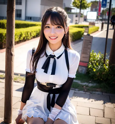 Cute face like an 18-year-old idol Smiling Kindly Maid clothes mini skirt Cosplay Cleavage Medium size bust Crouching on the sidewalk RAW Photos Genuine Real Stick Raw photo