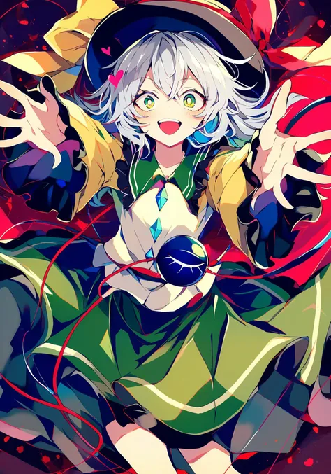 1girl,
komeiji koishi, touhou,
yuuichi \(bobobo\),
hat ribbon, open mouth, long sleeves, long hair, :d, string, ribbon, heart of string, hat, solo, shirt, hat bow, wide sleeves, smile, frills, grey hair, eyeball, white hair, skirt, looking at viewer, yellow eyes, outstretched arms, third eye, character name, string of fate, blush, frilled sleeves, bow, green eyes, heart, green skirt, blouse,
masterpiece, best quality, newest, absurdres, highres