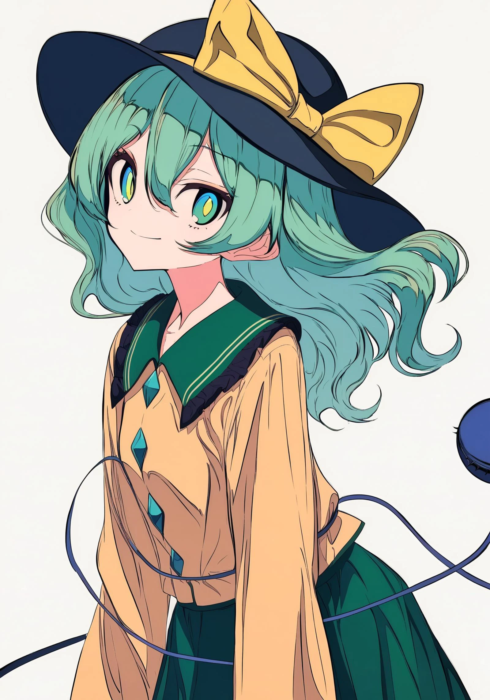1girl,
komeiji koishi, touhou,
cogecha, mochizuki kei,
frills, hat bow, eyeball, long hair, solo, hat, collared shirt, smile, skirt, wide sleeves, green hair, sleeves past wrists, frilled sleeves, ribbon, long sleeves, simple background, bow, buttons, black hat, wavy hair, upper body, frilled shirt collar, yellow bow, heart, heart of string, hat ribbon, yellow ribbon, grey background, green eyes, yellow shirt, shirt, green skirt, looking at viewer,
masterpiece, best quality, newest, absurdres, highres