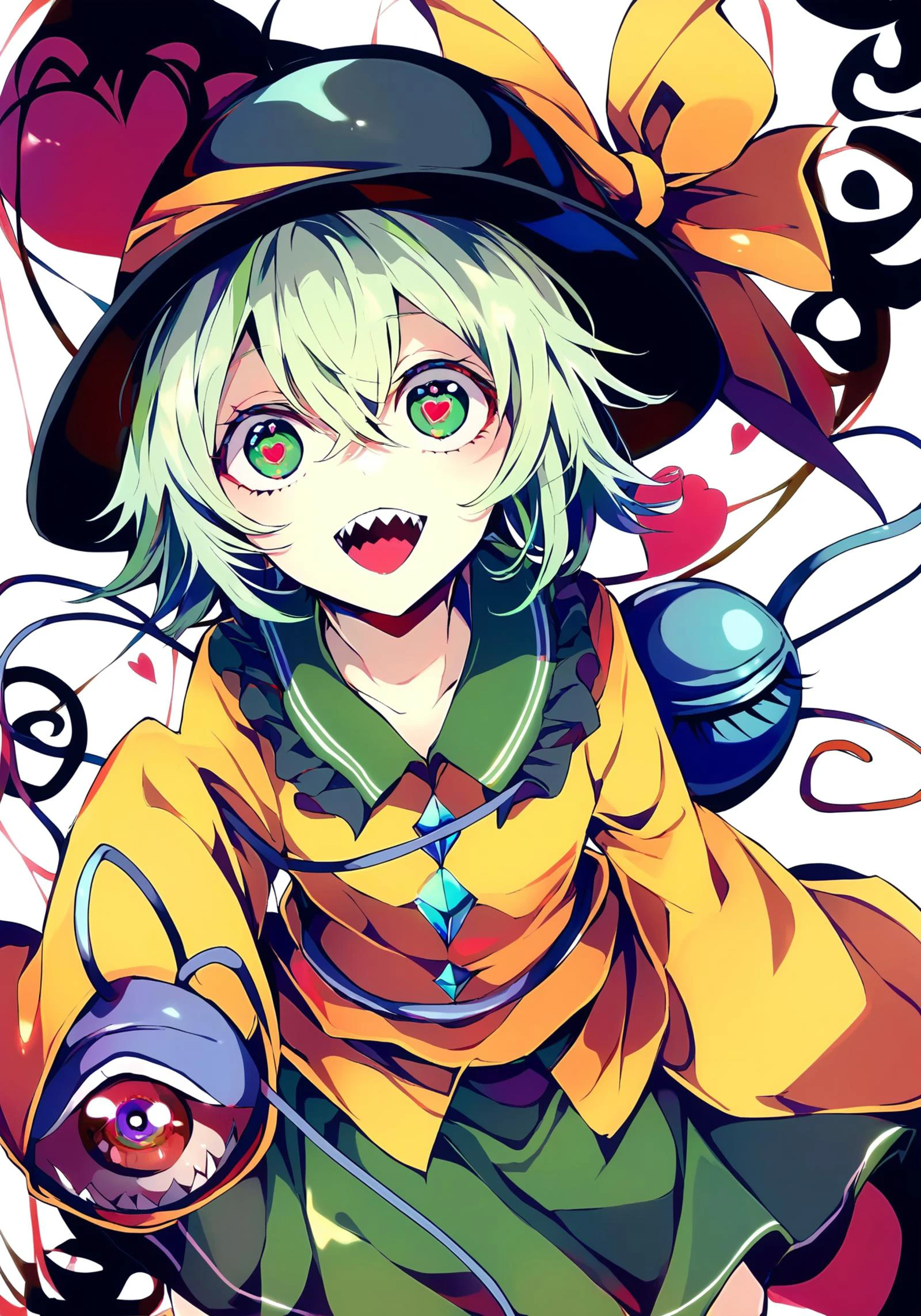 1girl,
komeiji koishi, touhou,
yuuichi \(bobobo\),
hat, solo, third eye, heart, ribbon, green hair, open mouth, teeth, eyeball, smile, green eyes, looking up, string, heart of string, skirt, sleeves past wrists, long sleeves, hat ribbon, heart-shaped pupils, wide sleeves, frills, eyeball hat ornament, looking at viewer, symbol-shaped pupils, shirt, short hair, upper body, blouse, sharp teeth, character name, hair between eyes, from above,
masterpiece, best quality, newest, absurdres, highres
