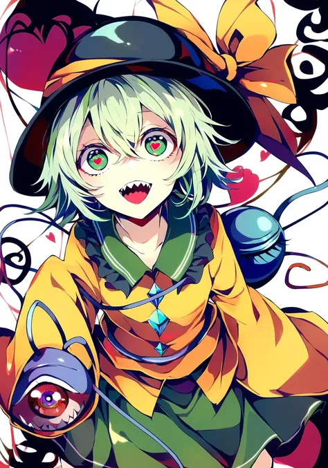 1girl, 
komeiji koishi, touhou, 
yuuichi \(bobobo\), 
hat, solo, third eye, heart, ribbon, green hair, open mouth, teeth, eyeball, smile, green eyes, looking up, string, heart of string, skirt, sleeves past wrists, long sleeves, hat ribbon, heart-shaped pupils, wide sleeves, frills, eyeball hat ornament, looking at viewer, symbol-shaped pupils, shirt, short hair, upper body, blouse, sharp teeth, character name, hair between eyes, from above, 
masterpiece, best quality, newest, absurdres, highres