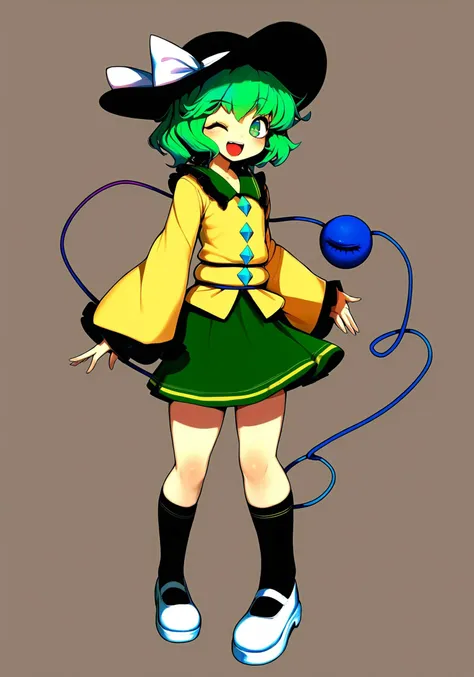 1girl, 
komeiji koishi, touhou, 
koki \(ryoushikiha\), 
skirt, standing, shirt, frills, white background, smile, green hair, hat ribbon, long sleeves, third eye, green skirt, eyeball, string, short hair, heart, simple background, hat, looking at viewer, green eyes, ribbon, wide sleeves, bow, solo, hat bow, heart of string, socks, open mouth, full body, black socks, phone, blush, one eye closed, 
masterpiece, best quality, newest, absurdres, highres