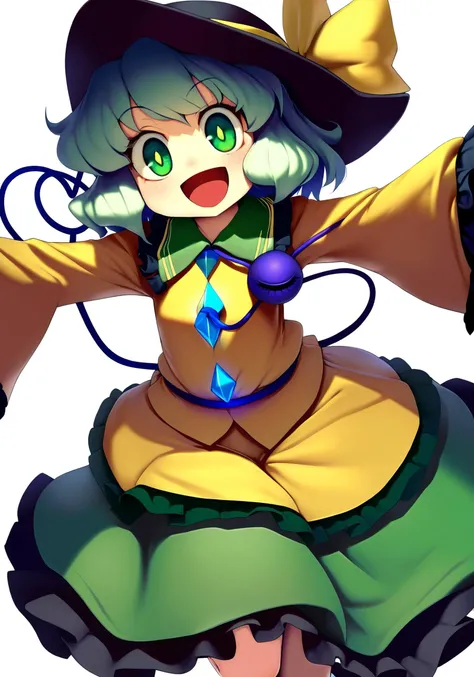 1girl,
komeiji koishi, touhou,
koki \(ryoushikiha\),
wide sleeves, open mouth, heart of string, heart, shirt, frilled skirt, bow, boots, skirt, sleeves past wrists, third eye, smile, short hair, ribbon, frills, standing, green hair, looking at viewer, :d, simple background, white background, standing on one leg, green eyes, hat, blouse, solo, outstretched arms, long sleeves, frilled sleeves, hat bow, hat ribbon,
masterpiece, best quality, newest, absurdres, highres