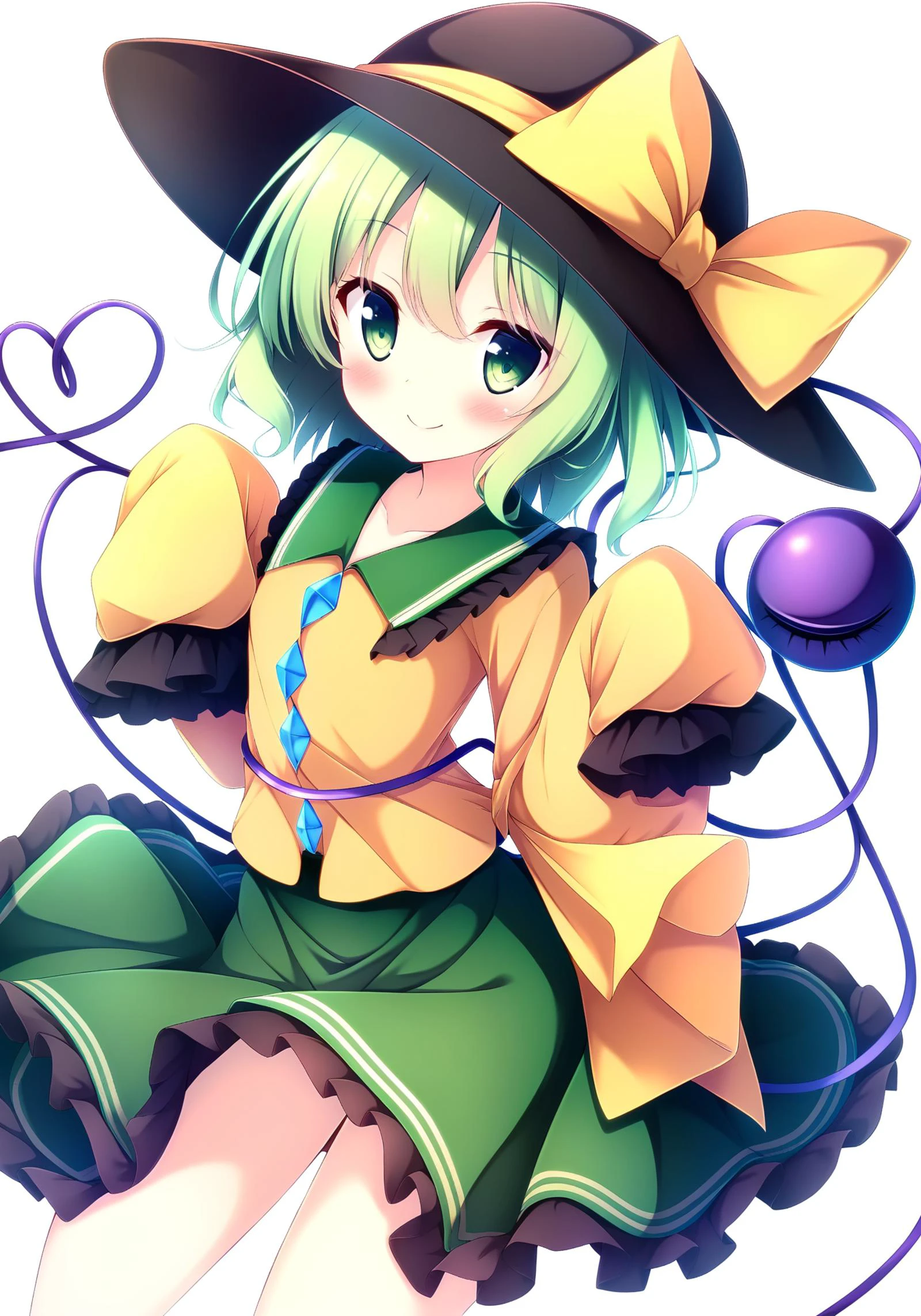 1girl,
komeiji koishi, touhou,
ryo \(botugo\),
eyeball, solo, black hat, heart, shirt, third eye, frills, blush, sleeves past wrists, bow, hat bow, closed mouth, looking at viewer, skirt, blouse, long sleeves, sleeves past fingers, wide sleeves, smile, heart of string, short hair, cowboy shot, frilled sleeves, yellow shirt, green hair, yellow bow, frilled shirt collar, hat, green skirt, green eyes, white background, collarbone,
masterpiece, best quality, newest, absurdres, highres