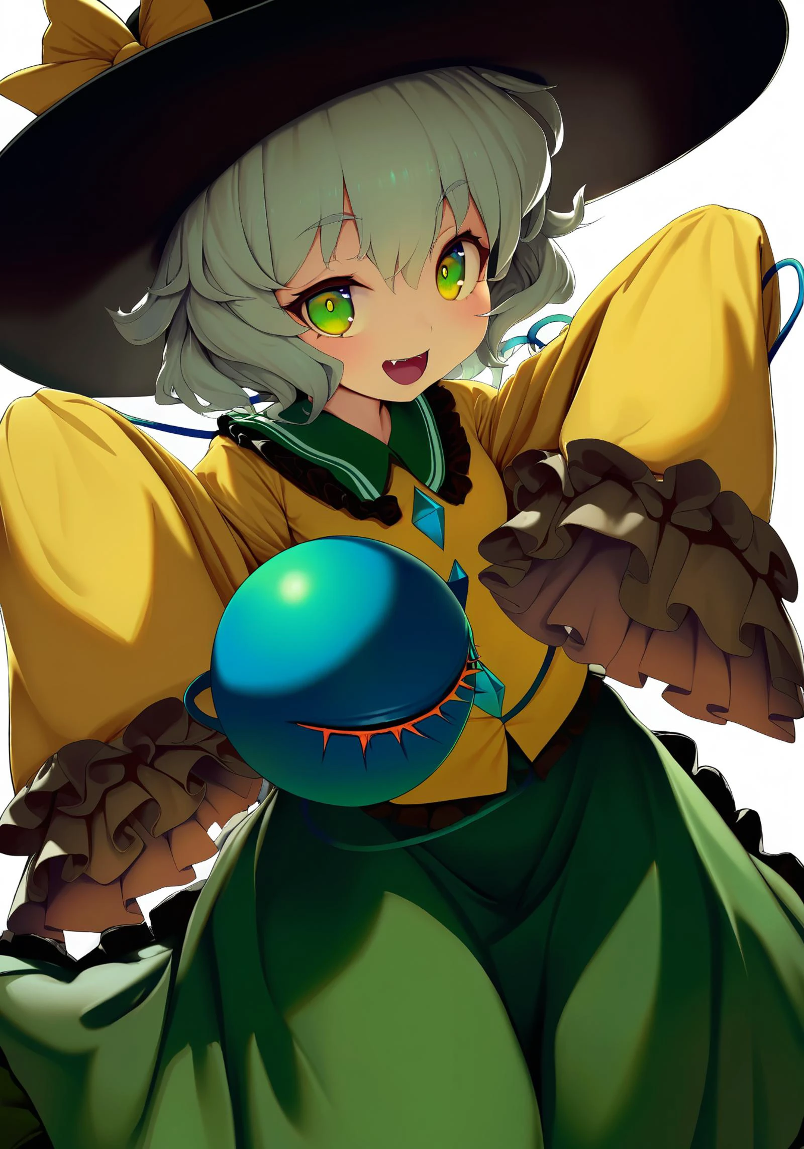 1girl,
komeiji koishi, touhou,
koki \(ryoushikiha\),
bow, white hair, open mouth, skirt, yellow shirt, short hair, wide sleeves, sleeves past wrists, long sleeves, hat bow, simple background, third eye, yellow bow, frilled sleeves, looking at viewer, hat, eyeball, yellow eyes, ribbon, frills, green skirt, shirt, heart of string, heart, hat ribbon, black headwear, grey hair, hair between eyes, green eyes, collared shirt, long skirt, frilled shirt collar,
masterpiece, best quality, newest, absurdres, highres